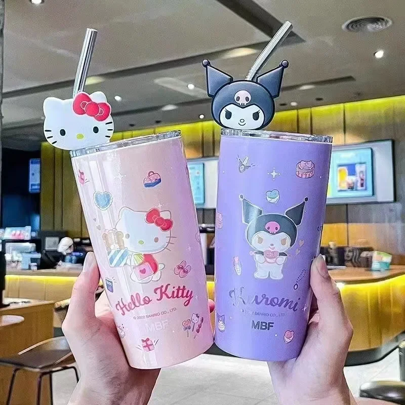 Sanrio Water Cup Kawaii Kuromi Cinnamoroll Anime Figure Stainless Steel Thermos Cup Hello Kitty Ornaments Doll Water Cup Gift image 3