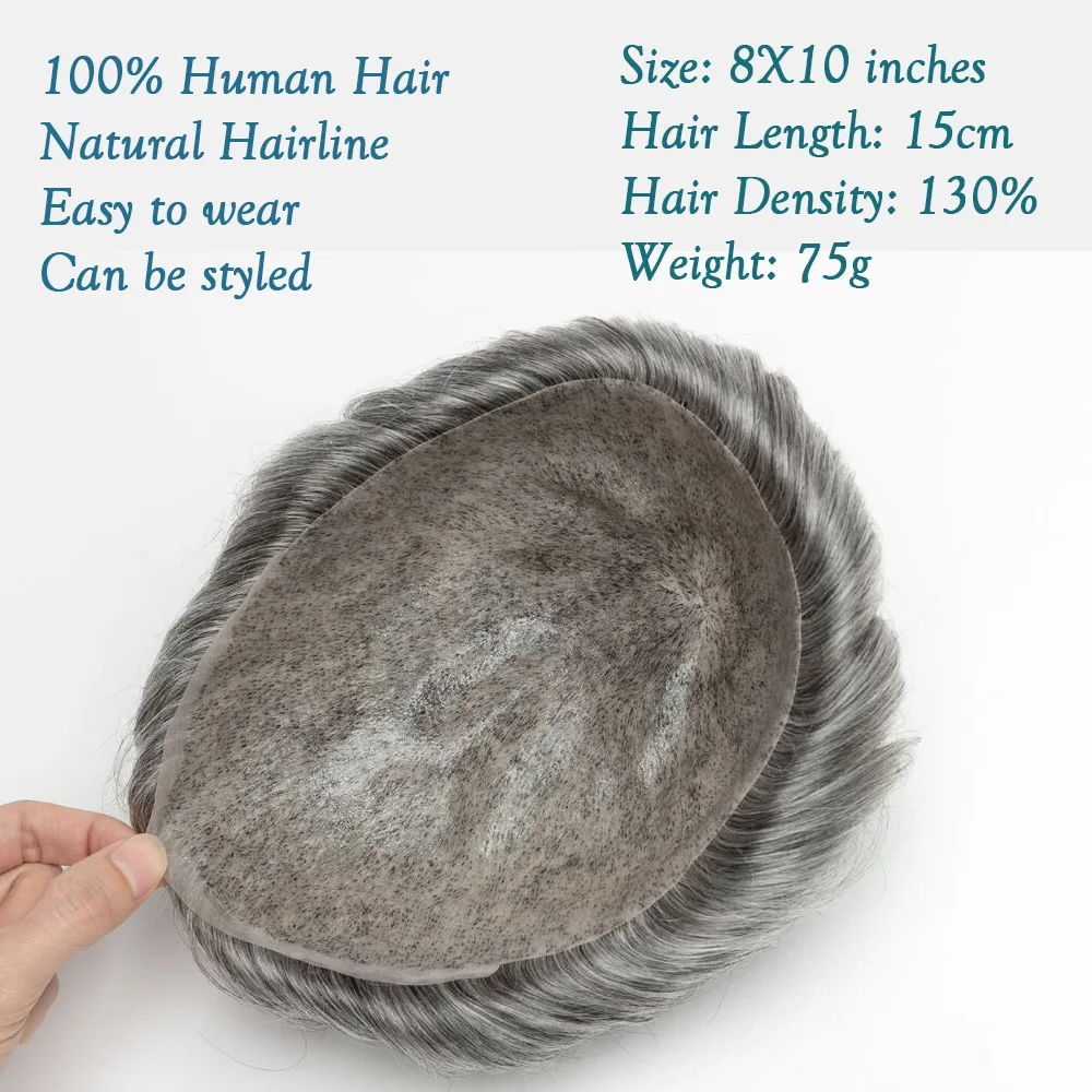 8x10 Full PU Toupee for Men Human Hair Piece Durable Thin Skin Hair Replacement System Mens Toupee Prosthesis Hair Units Wig