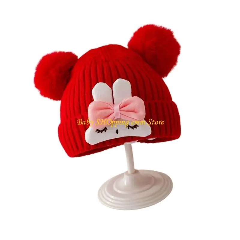 

23GD Infant Cap Bonnet Caps with Pompoms Rabbit Design for Newborn Toddler 0-24 Month