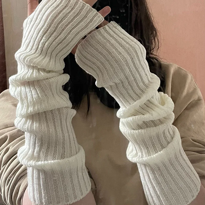 

Winter Arm Sleeves For Women Thicken Warm Knitted Arm Warmers Solid Color Long Sleeve Half-finger Glove Gothic Fingerless Mitten