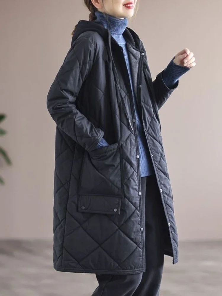 Jackets for Women 2023 Midi Length Winter Quilted Coat Hooded Patchwork Straight Cotton-padded Clothes Elegance Korean Fashion