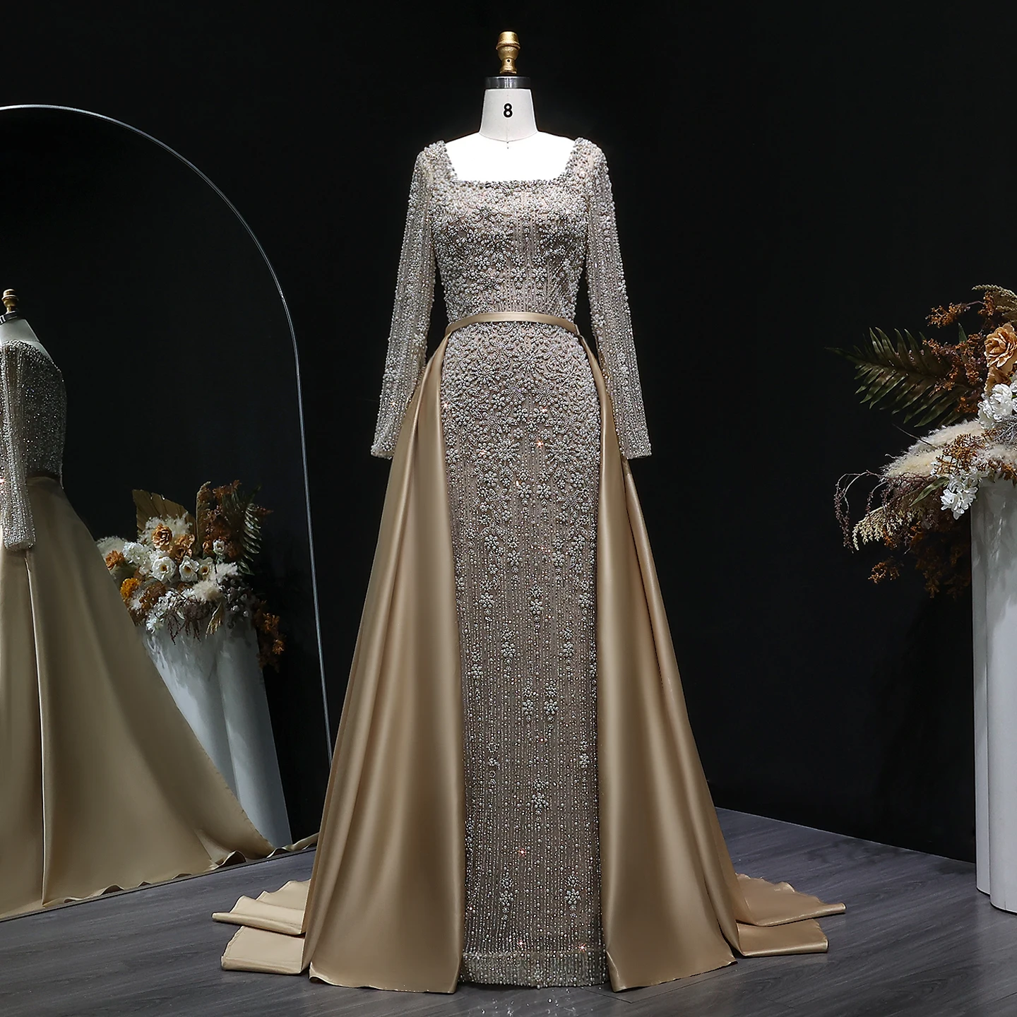 

Sharon Said Champagne Mermaid Evening Dress Long Sleeve Overskirt Beaded Women Wedding Party Prom Gown 2025 SS119 Customized