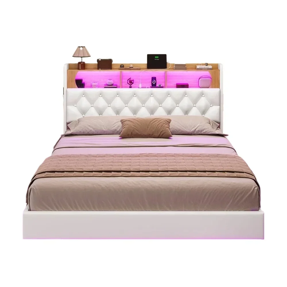 Floating Bed Frame, Floating Platform Bed with Charging Station with LED Lights & Storage Headboard, Modern LED Floating Bed