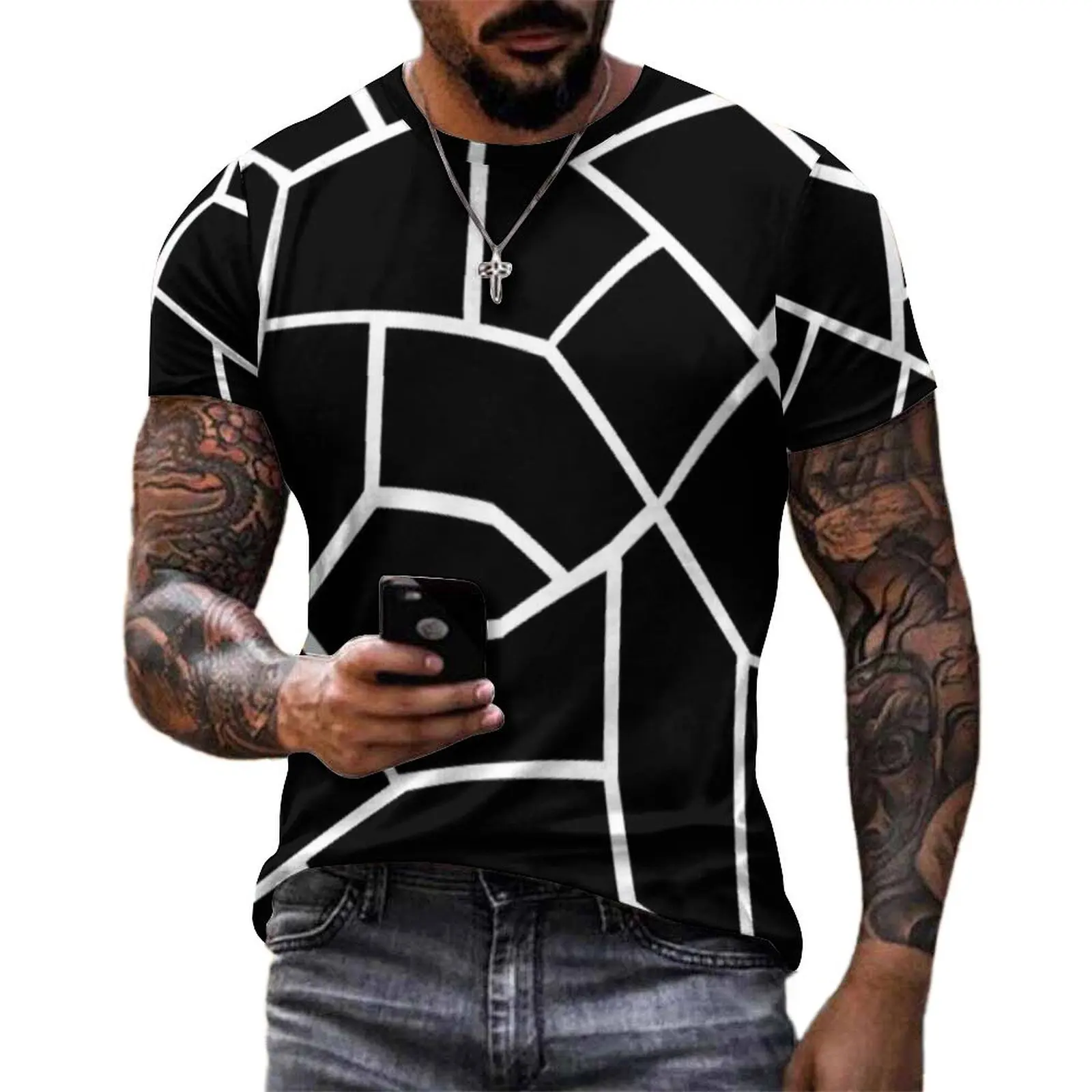White Nordic Lines T Shirt Mosaic Geometric Basic T Shirts Round Neck Trending Tee Shirt Summer Men Pattern Clothes Large Size