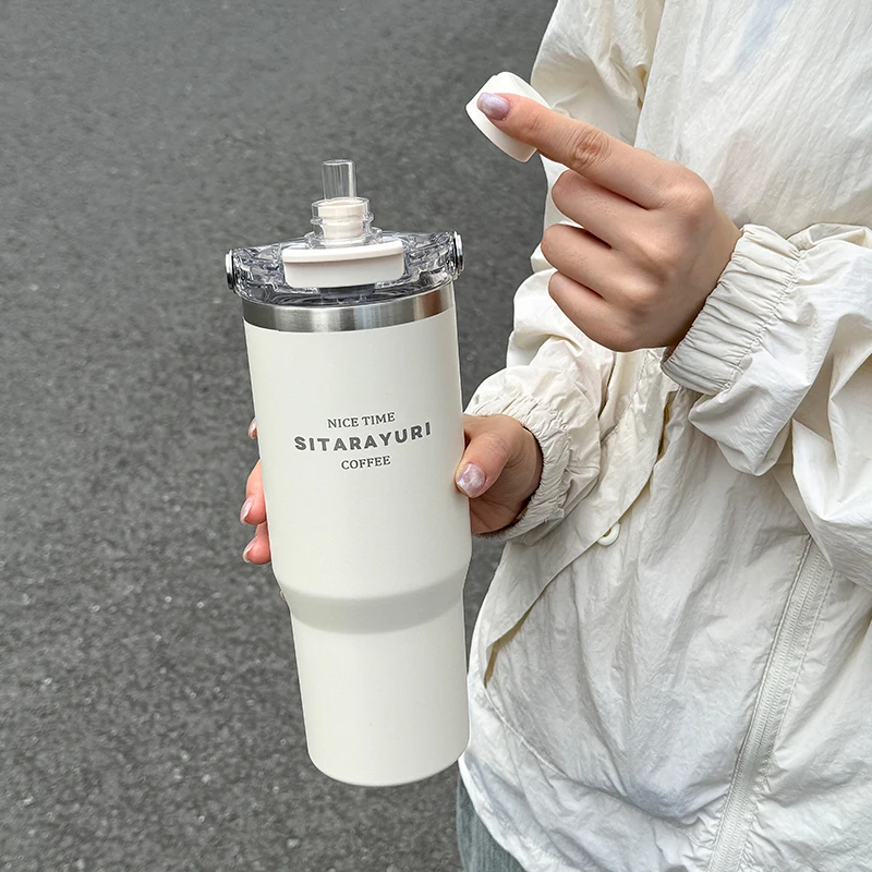 1pc Magnetic Suction Lid Double-layer Vacuum Insulated Water Bottle 600ml/900ml Wide Handle Portable  Outdoorulation Drinkware
