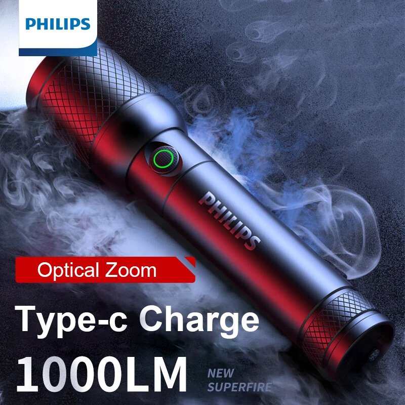 Philips 6168 Optical Zoom Flashlight Type-C Portable Flashlight With 4 Lighting Modes For Self Defense Camping Torch Light