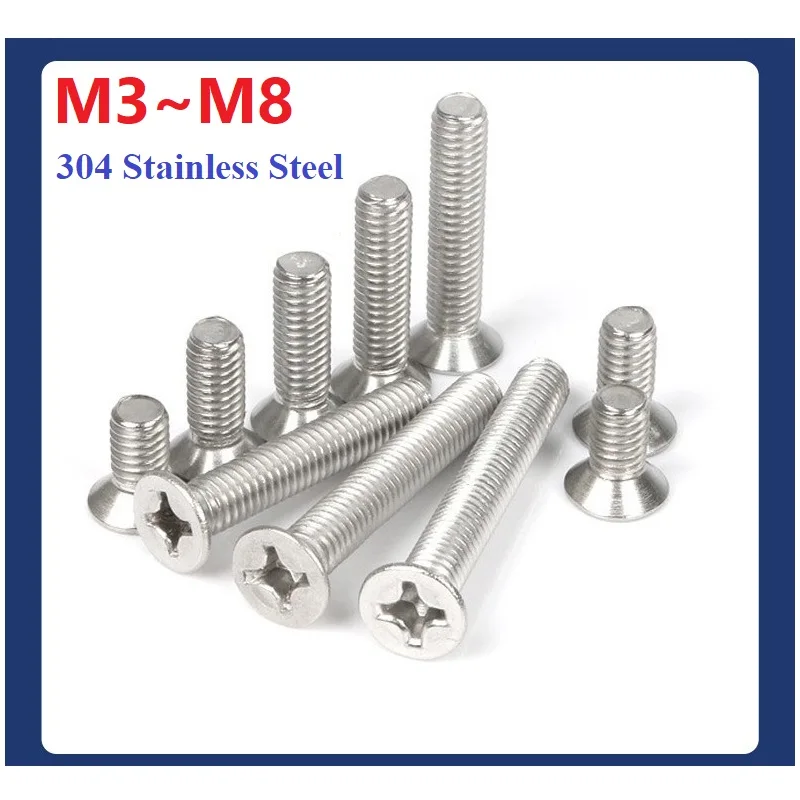 Cross Flat Countersunk Head Screw M3 M4 M5 M6 M8 304 Stainless Steel 500h Passivation Salt Spray Cross Recessed Bolt