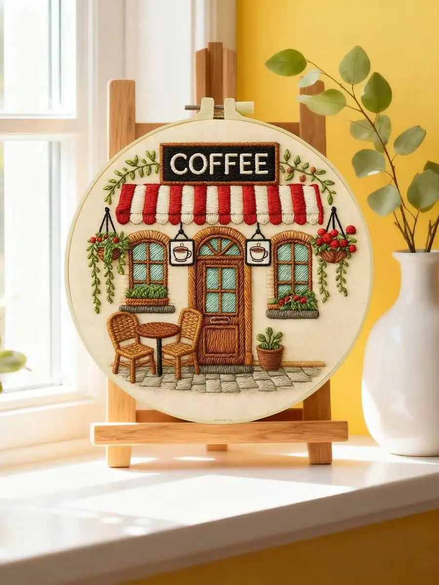 1 Stück 20X20CM/15X15CM 7,87/6,3 Zoll Kaffeehaus-Stickerei-Starter-Kit DIY-Kit DIY-Stickerei-Set Handarbeiten Heimdekoration – Detail 6