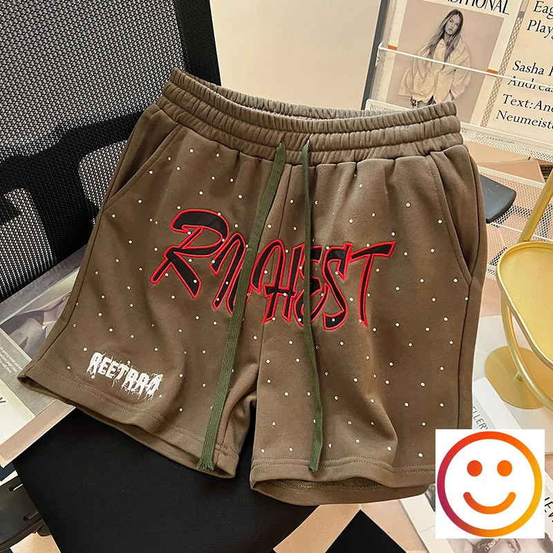 Diamond Patch Embroidered Letter Logo Casual Shorts Loose Drawstring Shortpants Jorts for Men Women