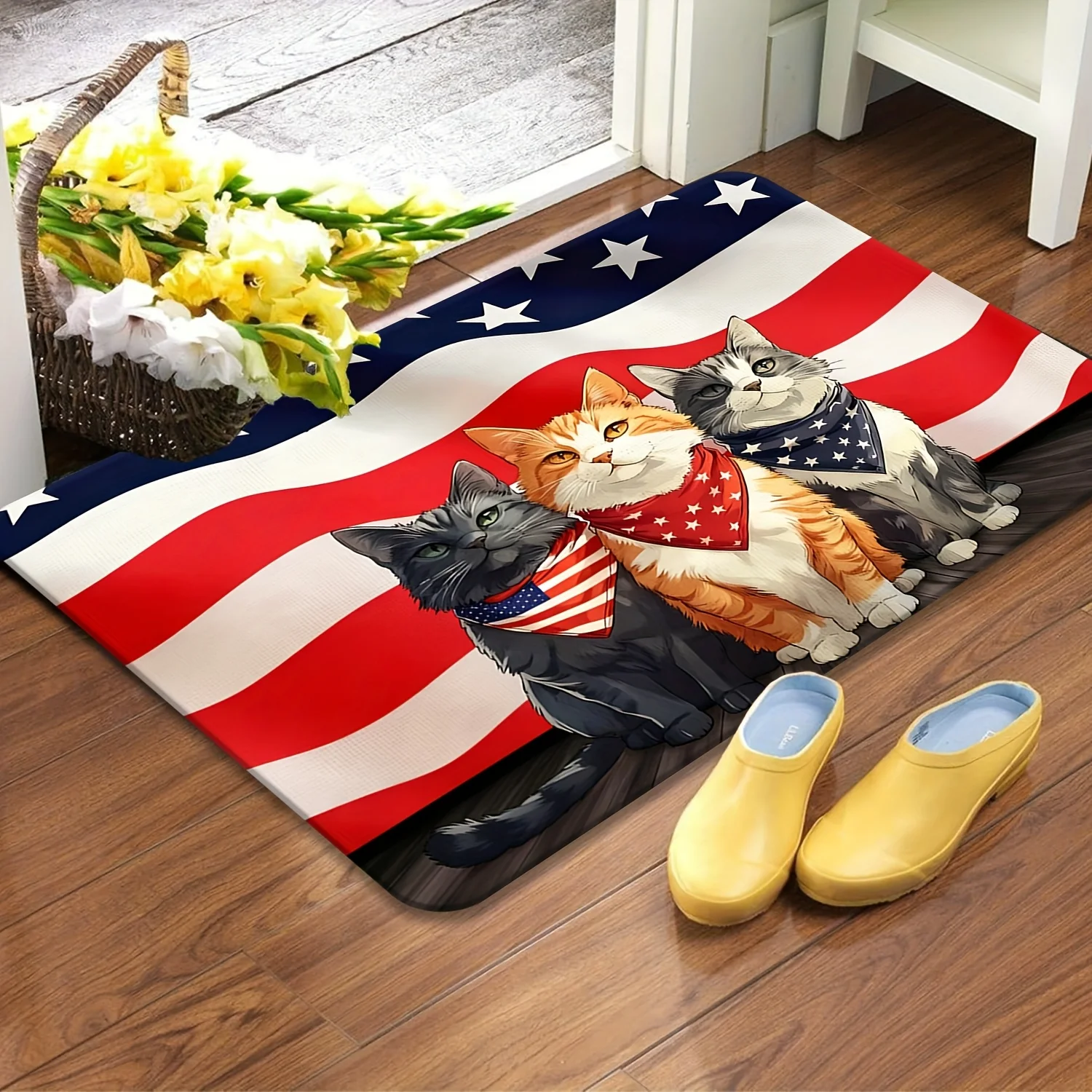 Three‑Cat‑American‑Flag Printed Rug, Patriotic Decor for Entryway, Bedroom, Living‑Room & Indoor Home Use