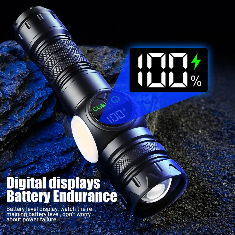 High Power 50W LED Flashlight Type-C Charging Long Range Tactical Torch With Tail Magnet Outdoor Strong Light Emergency Lantern