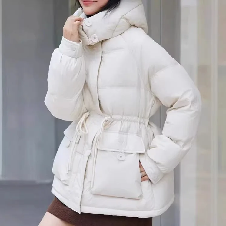 Down cotton jacket women 2026 high-quality autumn winter warm new waist-cinching button pocket hat zipper cotton coat clothing