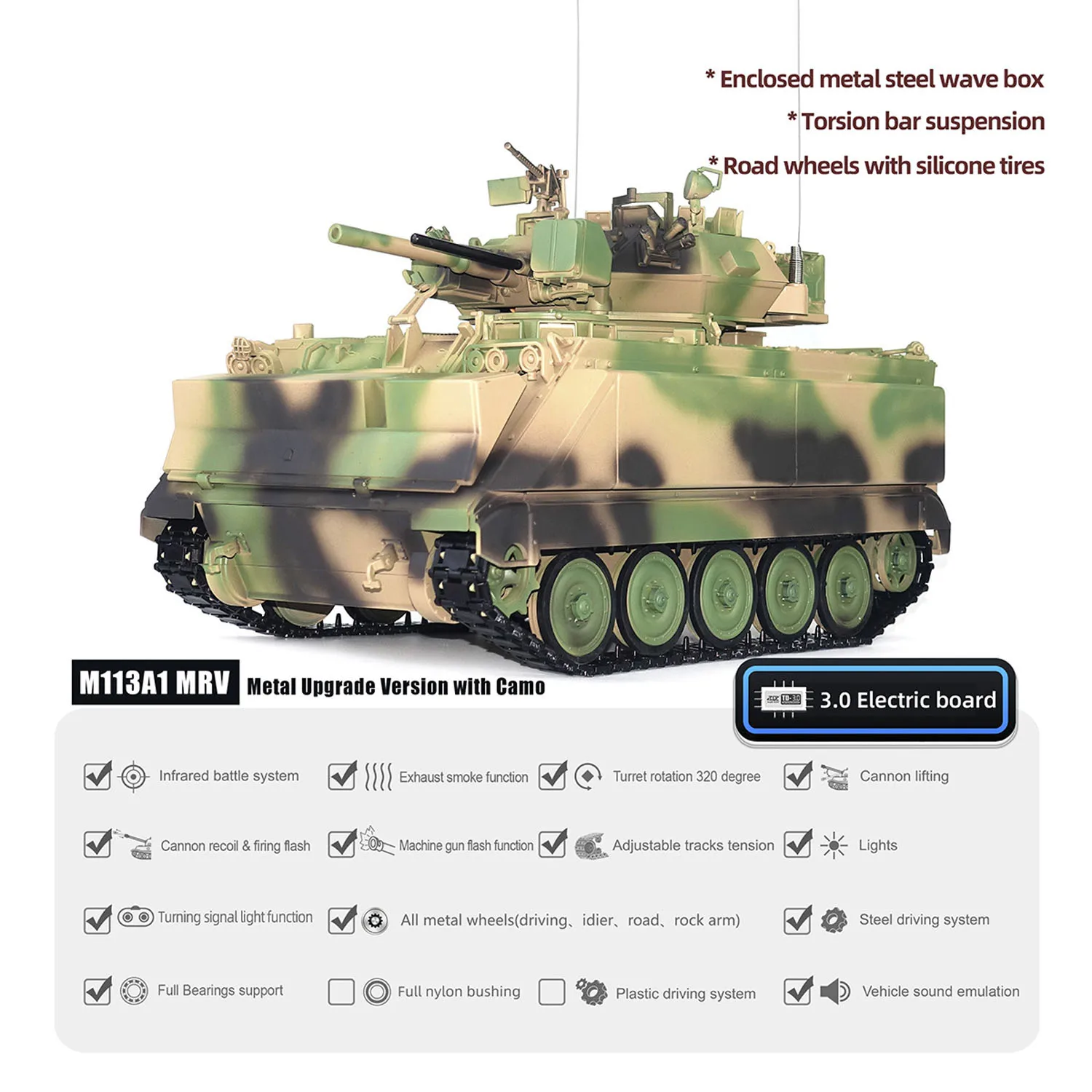

1/16 RC Panzer Tongde Радиоуправляемый бак M2412-A M113A1 MRV Возвратная пожарная мигающая башня 320, вращение, металлический приводной механизм для мальчика