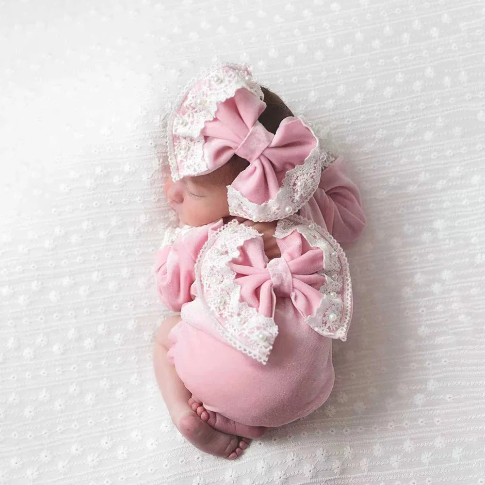 Newborn Velvet Lace Romper with Bow Headband | Baby Girl Photo Shoot Outfit | Infant Studio Clothes Christmas Gift Prop
