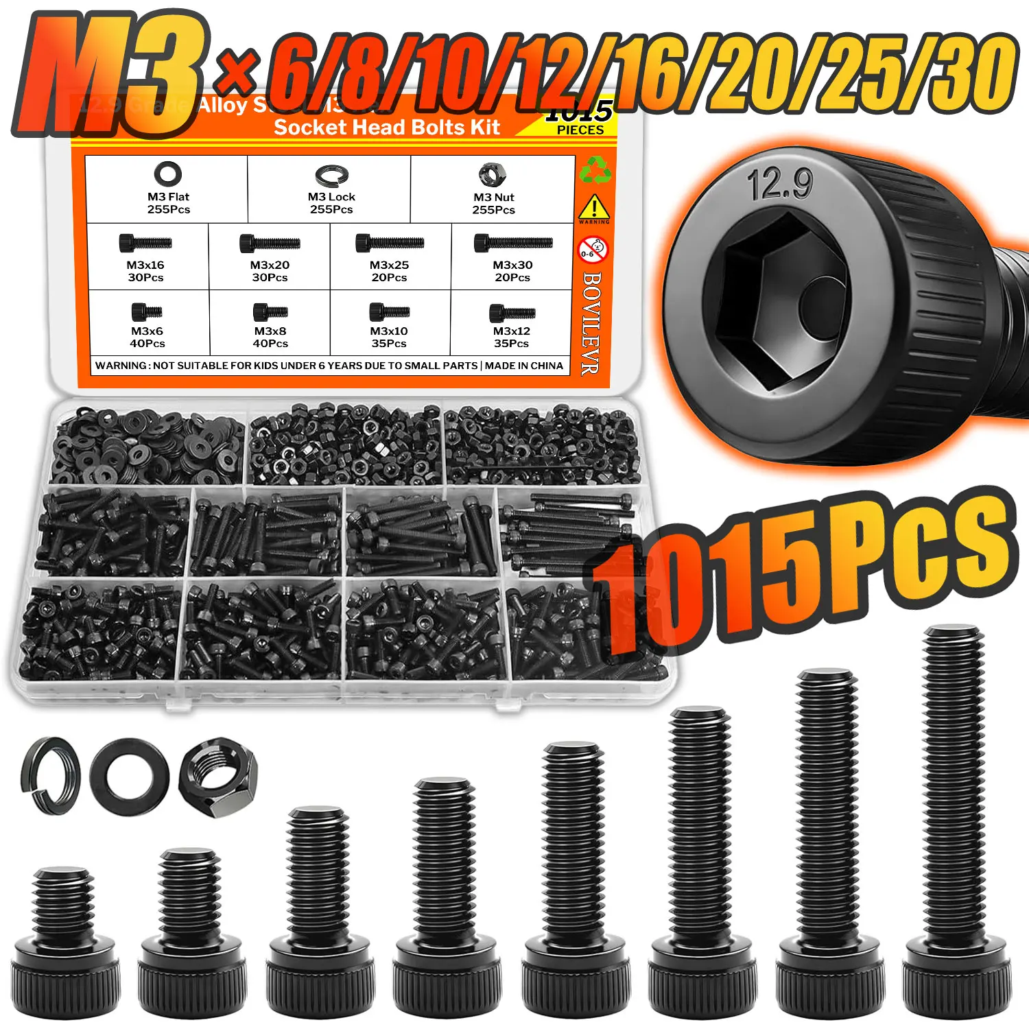 1015Pcs 12.9 Grade Hex Socket Screws,M3 6-30mm Anti-rust Steel Bolts Nuts Washers,3D Printer Home DIY Repair Fastener Kit