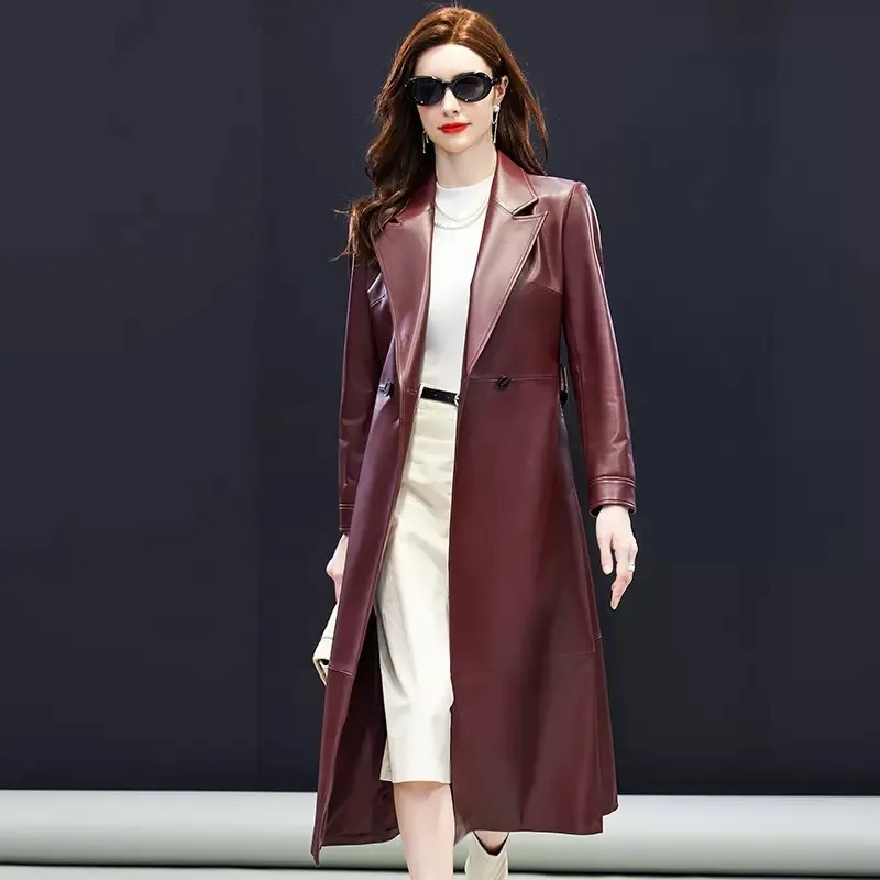 Herfst Winter Elegant Office Vrouwen 100% Schapenvacht Echt Leren Jas Gordel Slanke Lange Trenchcoat Werk Windjack