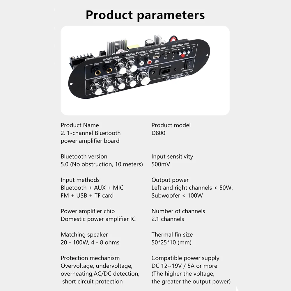 DC12-19V/AC110-2220V 2.1-قناة D800 بلوتوث مكبر للصوت مجلس 2.1 قناة 50 واط + 50 واط + 100 واط إخراج عالية الطاقة