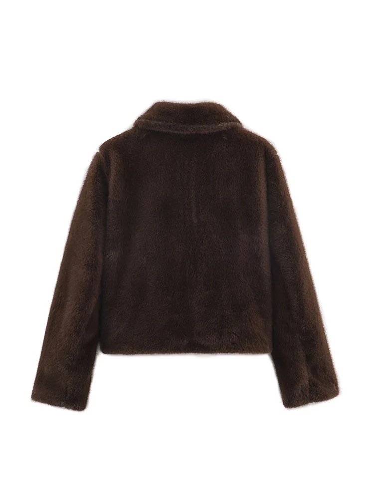 Style européen nouvelle mode féminine polyvalente et élégante couleur unie revers à manches longues manteau effet fausse fourrure.