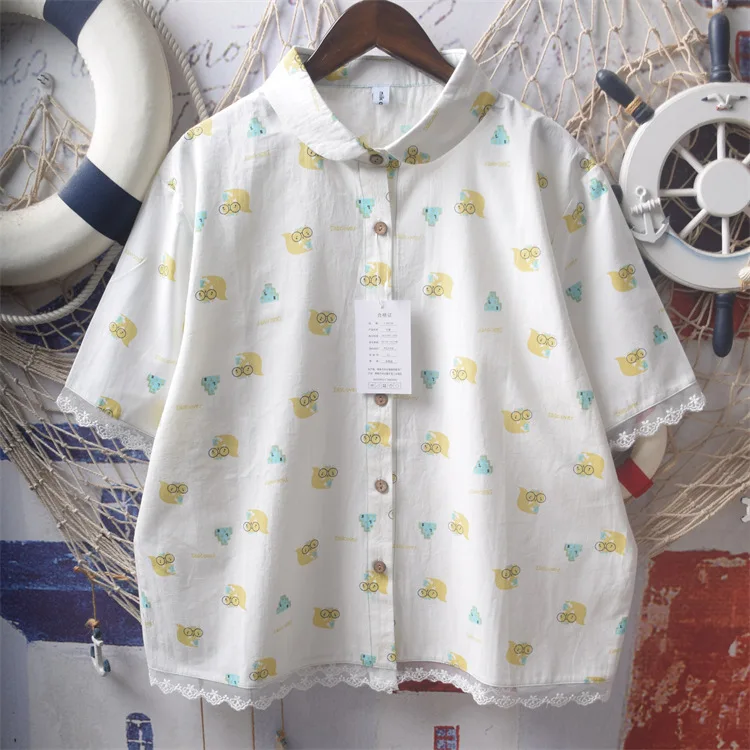 New Summer Cotton Short Sleeve Shirt Lapel Cartoon Printed Top Mori Girl Sweet Casual Loose Retro Blouse 2024 Autumn T46935QM