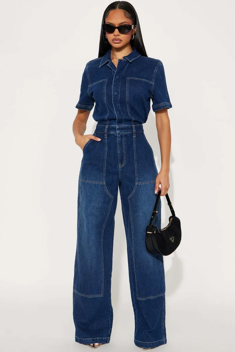 

Streetwear Denim Jumpsuits Summer Clothing Women 2026 Short Sleeve Straight Jeans Rompers Playsuits One Pieces Overalls Outfits