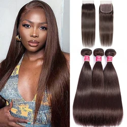 Dark Brown Straight Hair Bundles With Closure Unprocessed Color 2 Brazilian Straight human hair with 4x4 Lace Closure