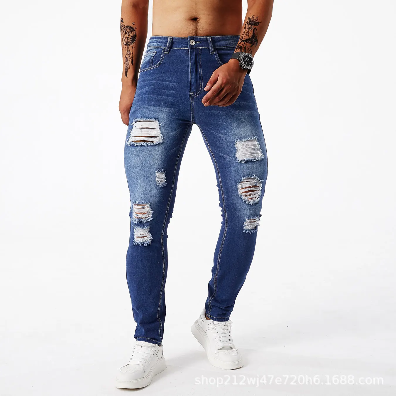 

2025 New Blue Ripped Stretch Slim Fit Skinny Jeans Men Trendy Personality Street Style Long Pants With Distressed Knee