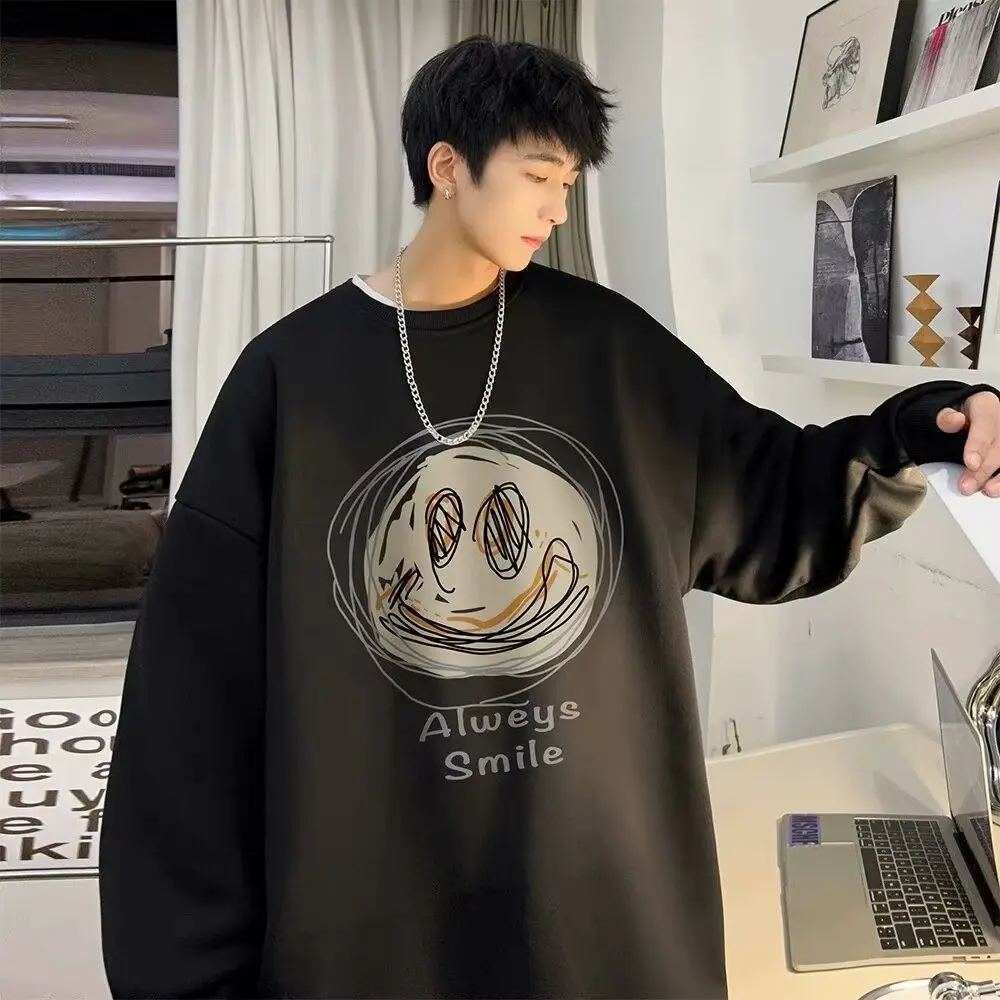 인스 트렌디 홍콩 스타일 빈티지 루즈핏 라운드넥 맨투맨, 그래피티 웃는 얼굴 프린트 캐주얼 플러스 사이즈, 긴팔