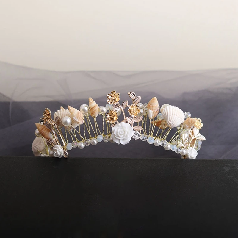 Handmade Pearl Shell Crown Mermaid Headband for Bridal Seashell Crown Headwear Bridesmaid Beach Wedding Hair Accessories Gifts