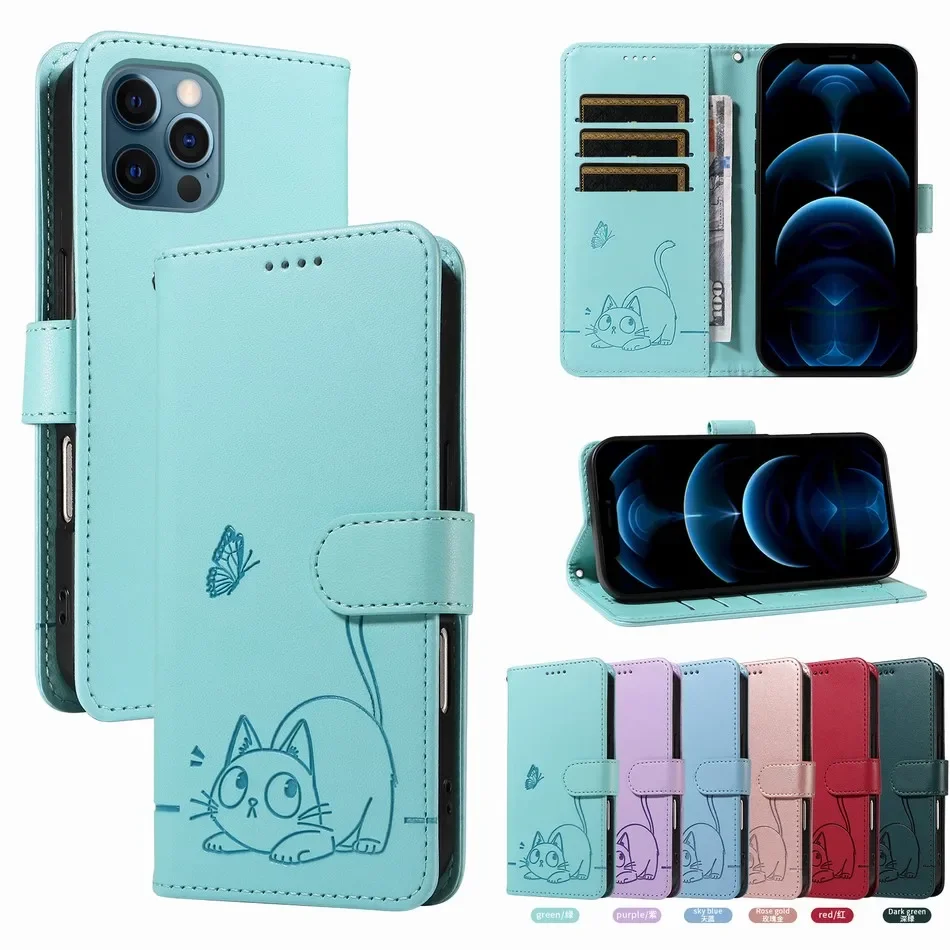 Pop Cute Lucky Cat Leather Case For Samsung Galaxy S7 S25 Edge S24 S23 S21 S20 FE S22 Plus Ultra Wallet Card Pocket Phone Cover
