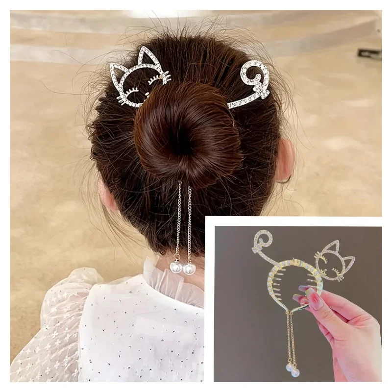 Simple Cute Golden Cat High Ponytail Tie Hair Clips for Children Delicate Shiny Animal Tassel Hair Clip for Party and Daily