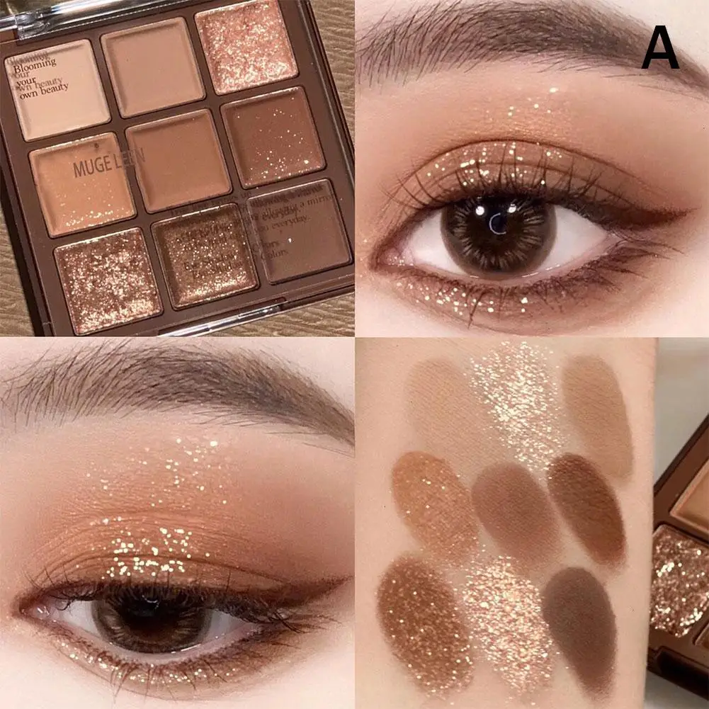 Paleta de sombras com 9 cores, marrom chocolate, perolado, fosco, glitter, brilhante, à prova d'água, maquiagem de longa duração, cosméticos