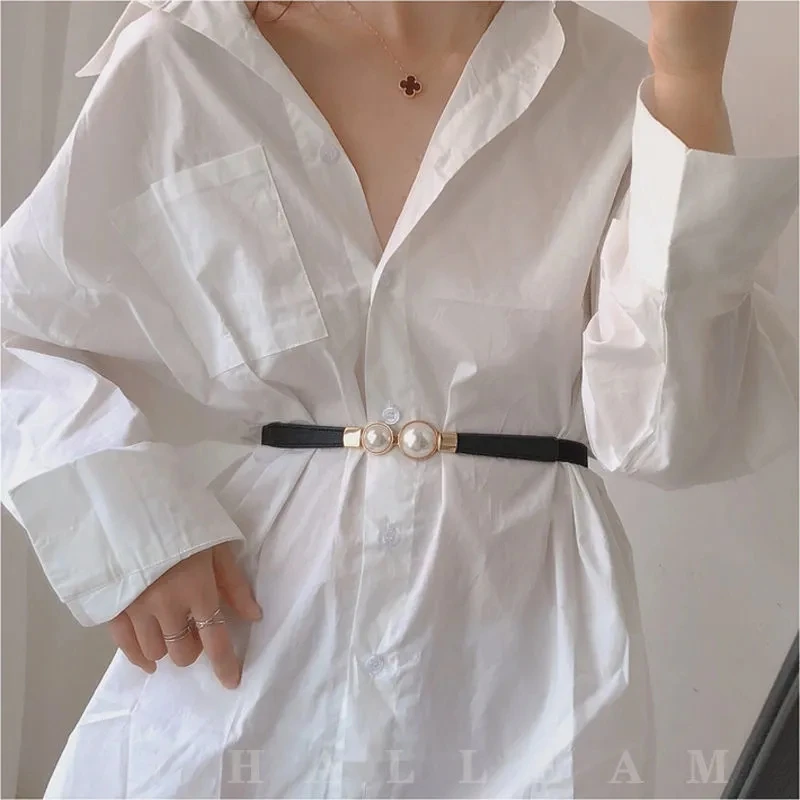 

Women's Double Pearl Buckle Belt Women's Black Red White PU Leather Dress Elastic Thin Belt at Waist Women's Designer Belt 272