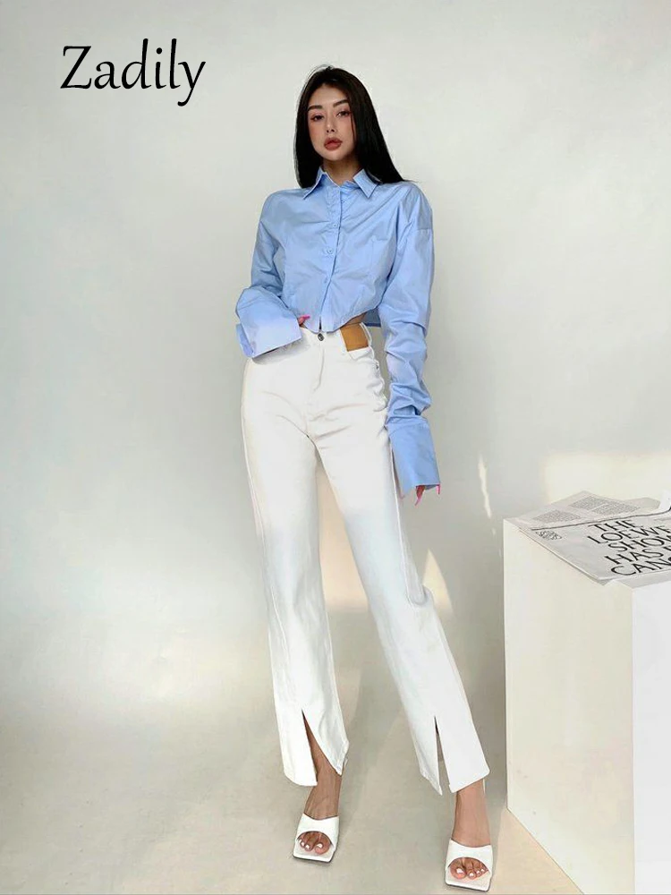 Casual Long Sleeve Women Blue Shirt And Blouse Minimalist Button Up Turn Down Collar Crop Tops Party Female Clothing