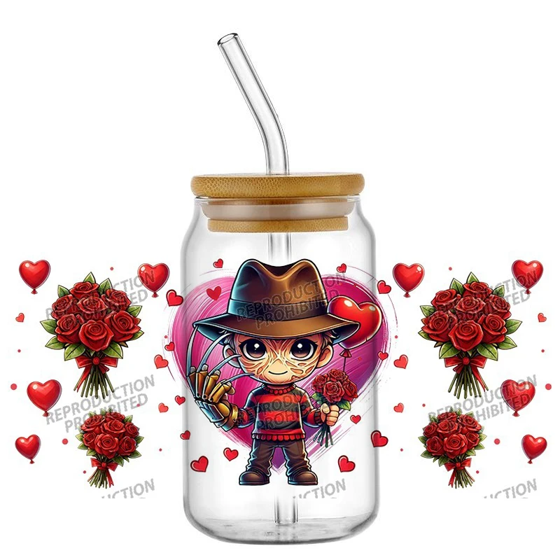 

Valentine Horror Moive Character Theme Cup Wrap Decal for 16oz Libbey Glass Selfadhesive Waterproof UV DTF Cup Transfer Stickers