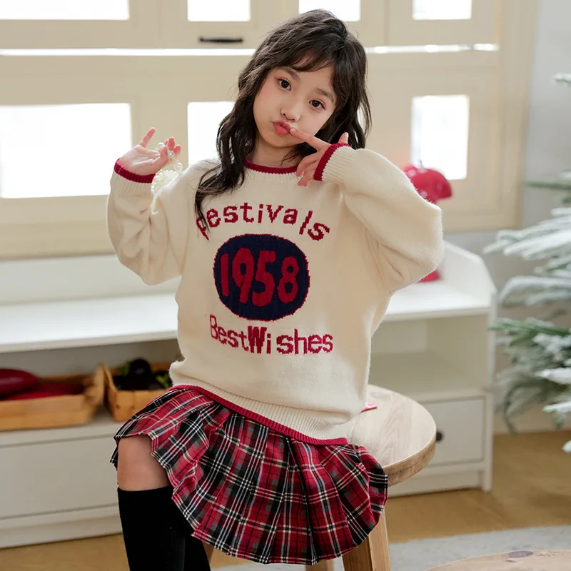 

Autumn Winter Junior Girl Clothing Set Teenager Girl Letter Knitted Sweater Pullovers+plaid Pleated Skirt Sets For Children