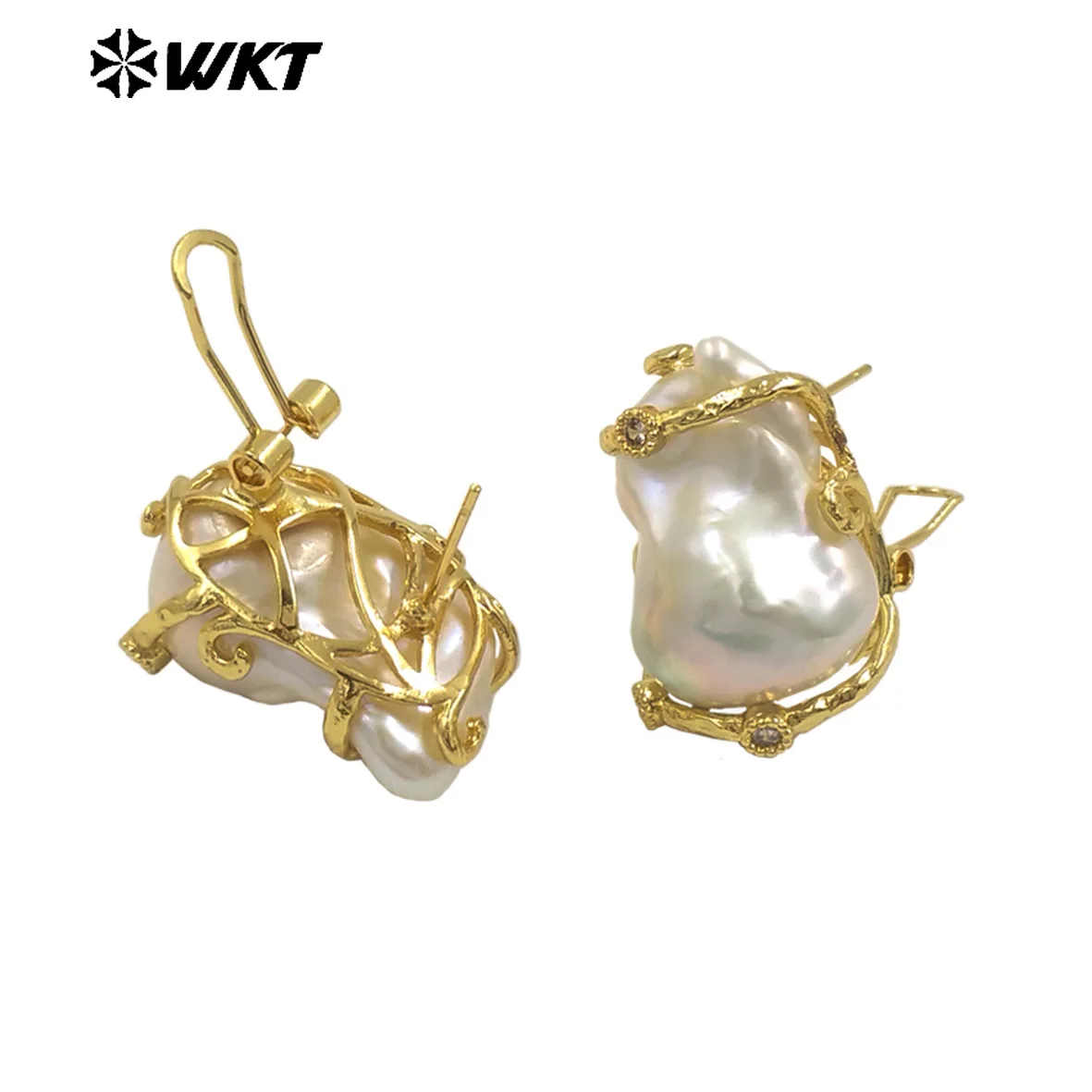 WT-MPE149 Wholesale New Style Natural Baroque Pearl Earrings Gold Plated With Cubic Zircon Random Size For Valentine's Day Gift