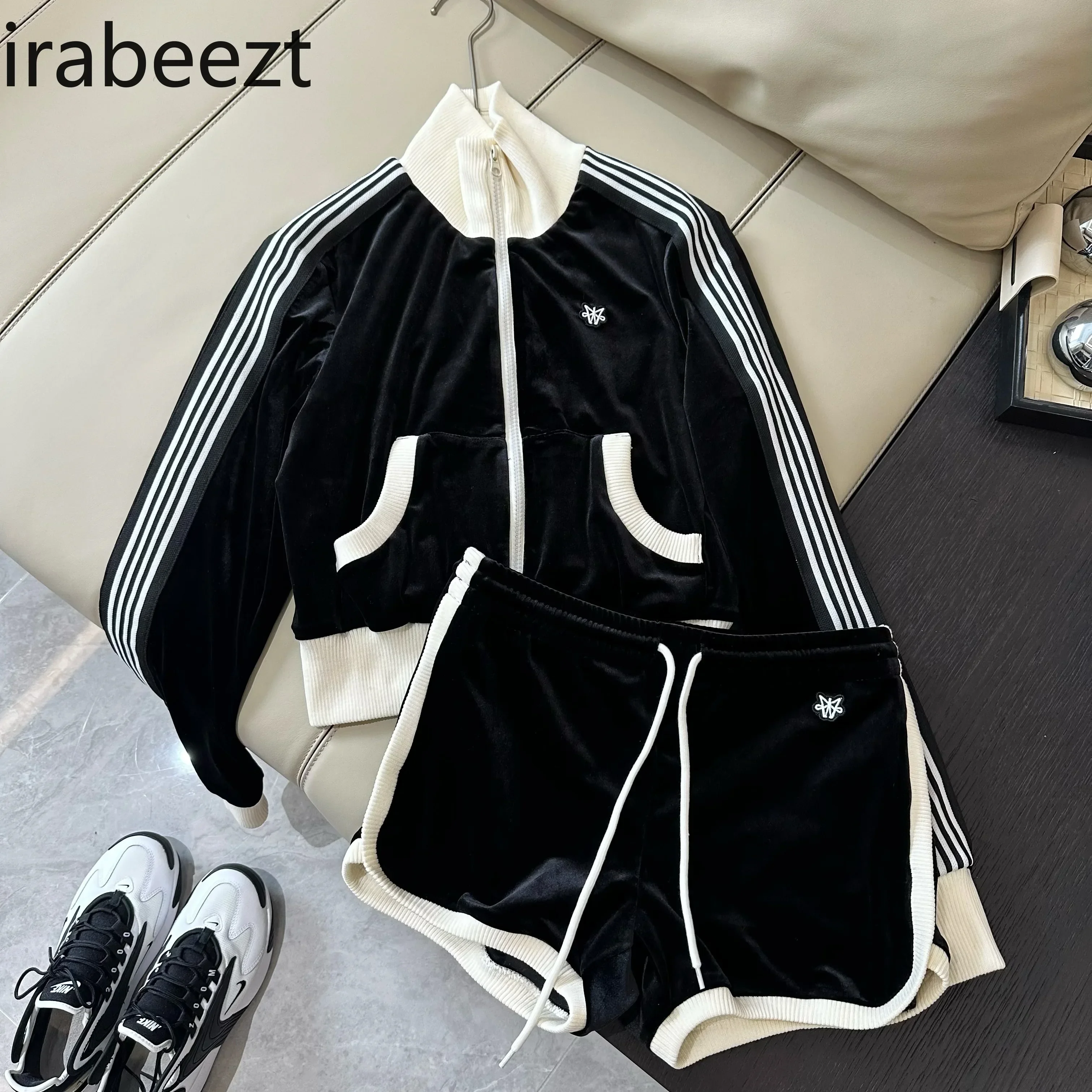 Black Athleisure Suit Women's Spring Short Blast Street Advanced Color Contrast Shorts Top Two-piece Set Conjunto Feminino