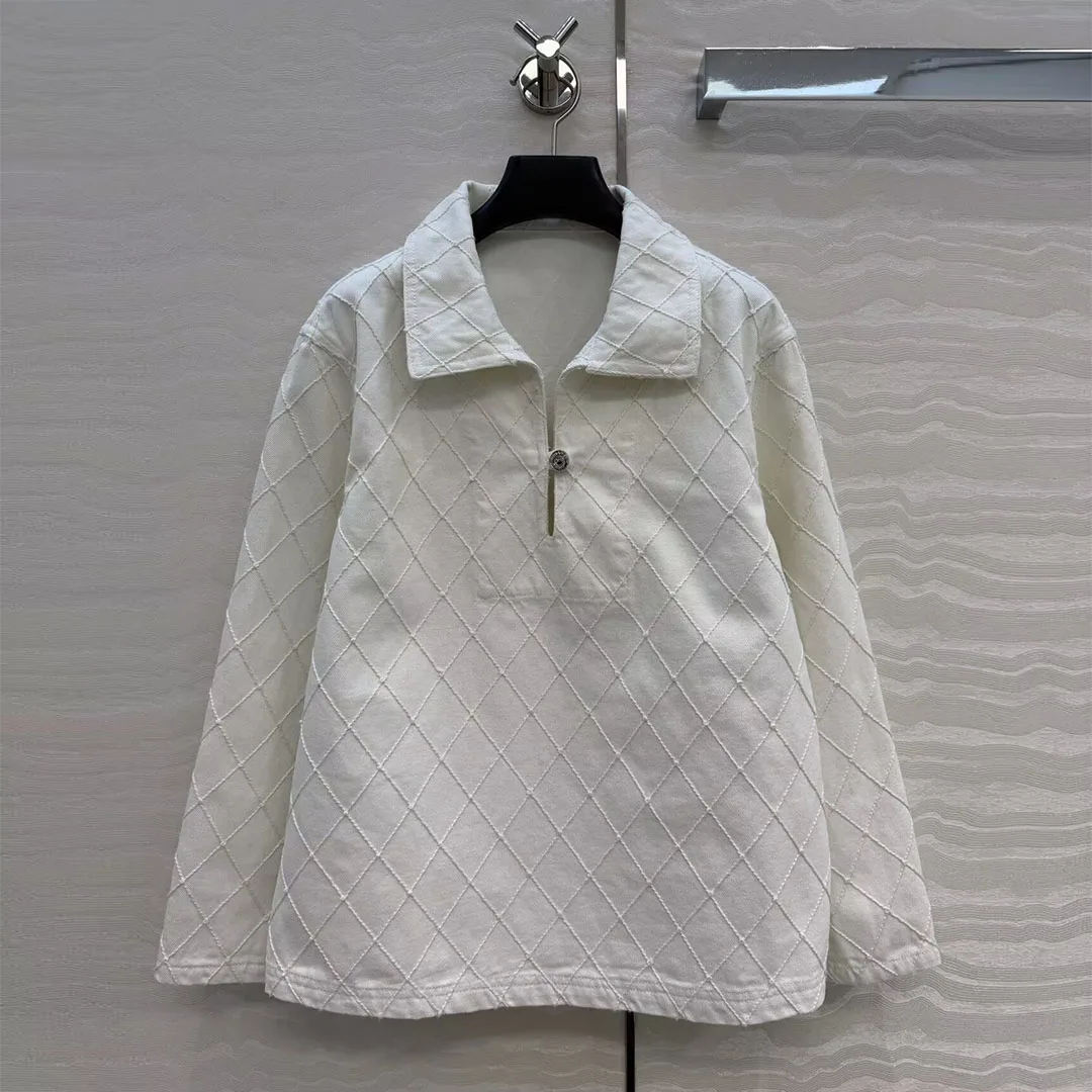 2026 New Autumn Fashion Loose Embroidery Argyle Pattern Denim Jacket Women Lapel Zipper Long Sleeve Chic Coat