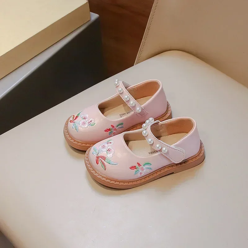 

Fashion School Student Spring Autumn New Girls' PU Leather Shoes Embroidery Girl Baby Children's Pearl Soft Sole Loafer