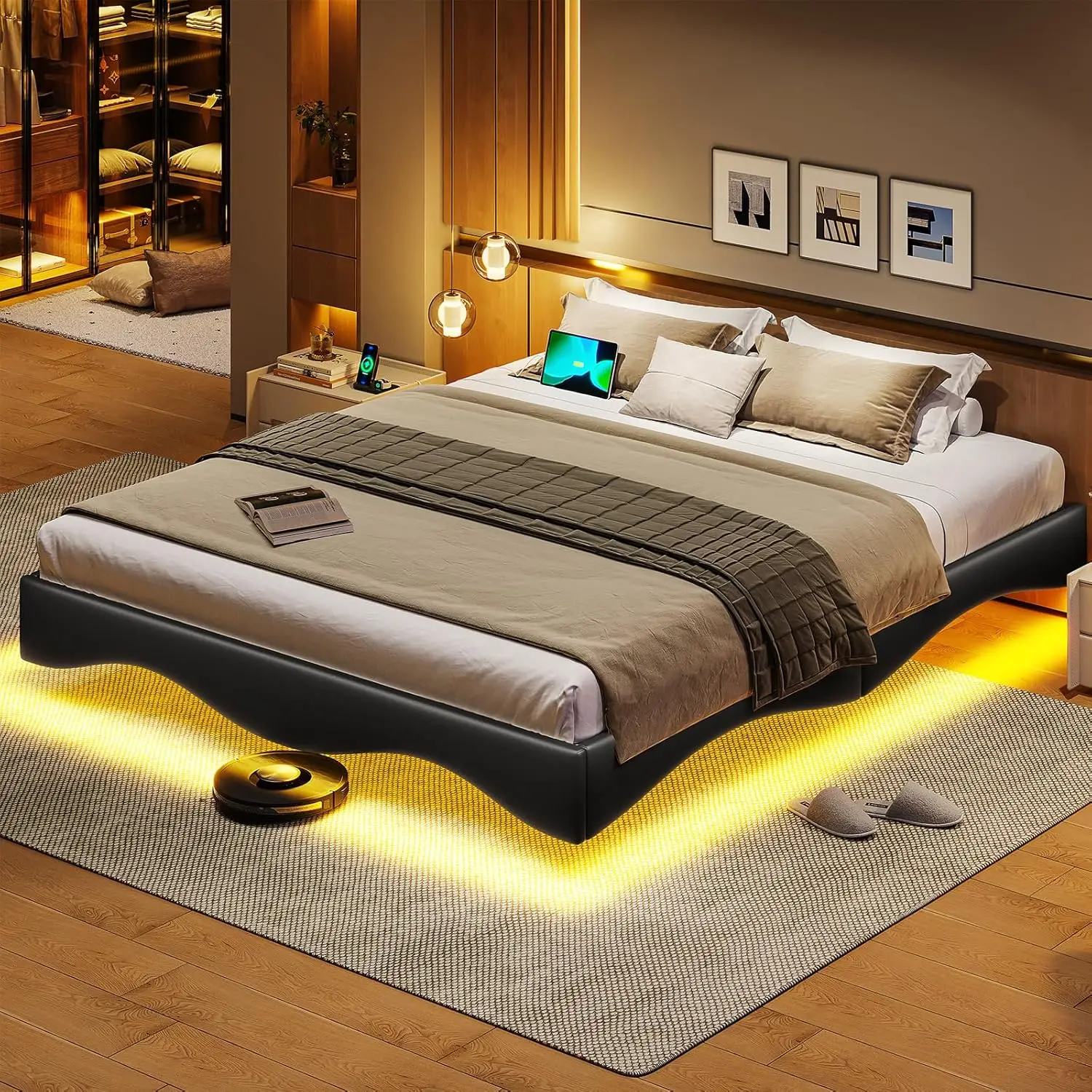 

Floating Bed Frame Queen With Led Lights, Upholstered Platform Bed Frame Queen Size With Type-C & Usb Port, Modern Wavy Visual