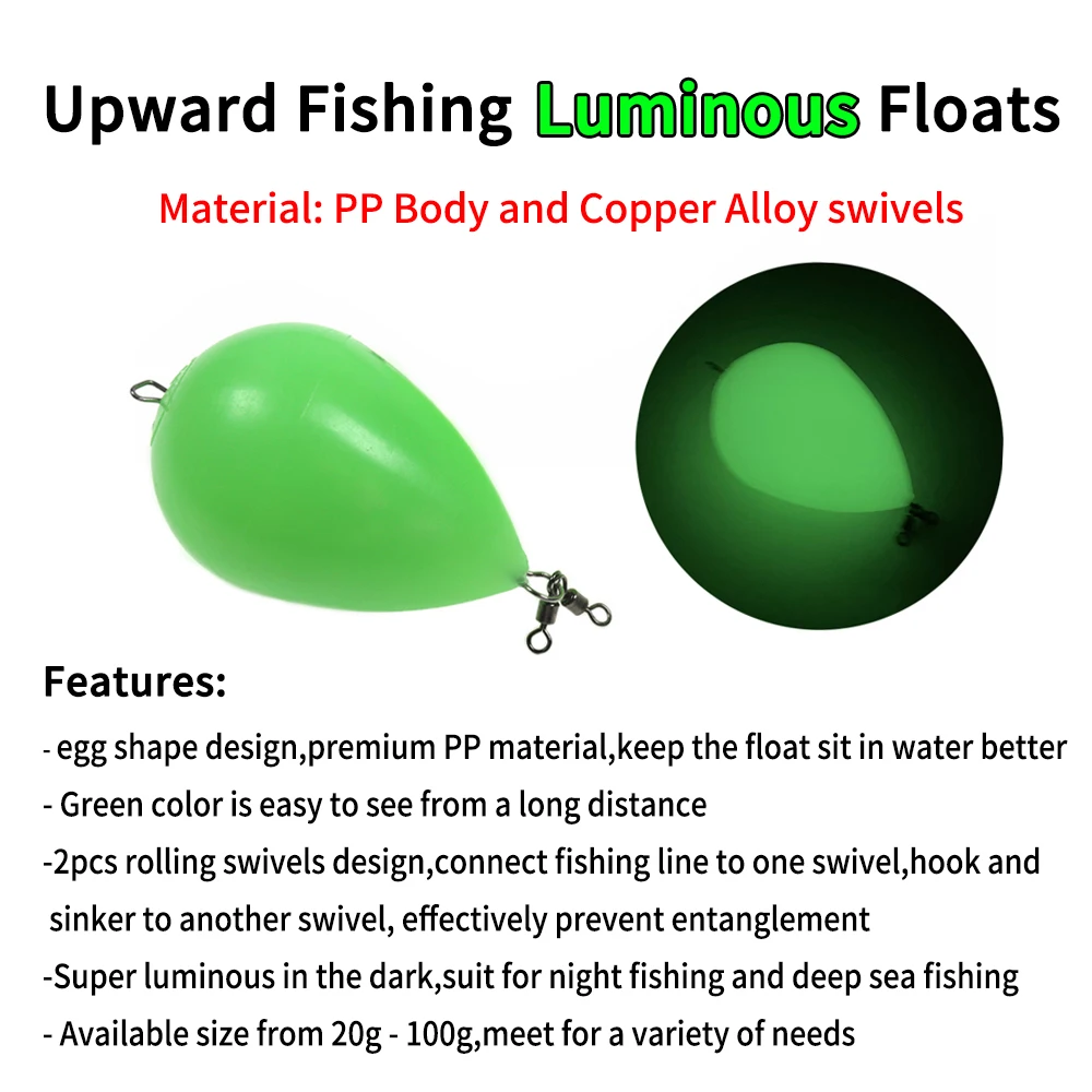 Elllv 20g - 100g Luminous Green Float Egg Shape Bobber Long-distance Casting Thrower for Night Fishing Deep Sea Fishing