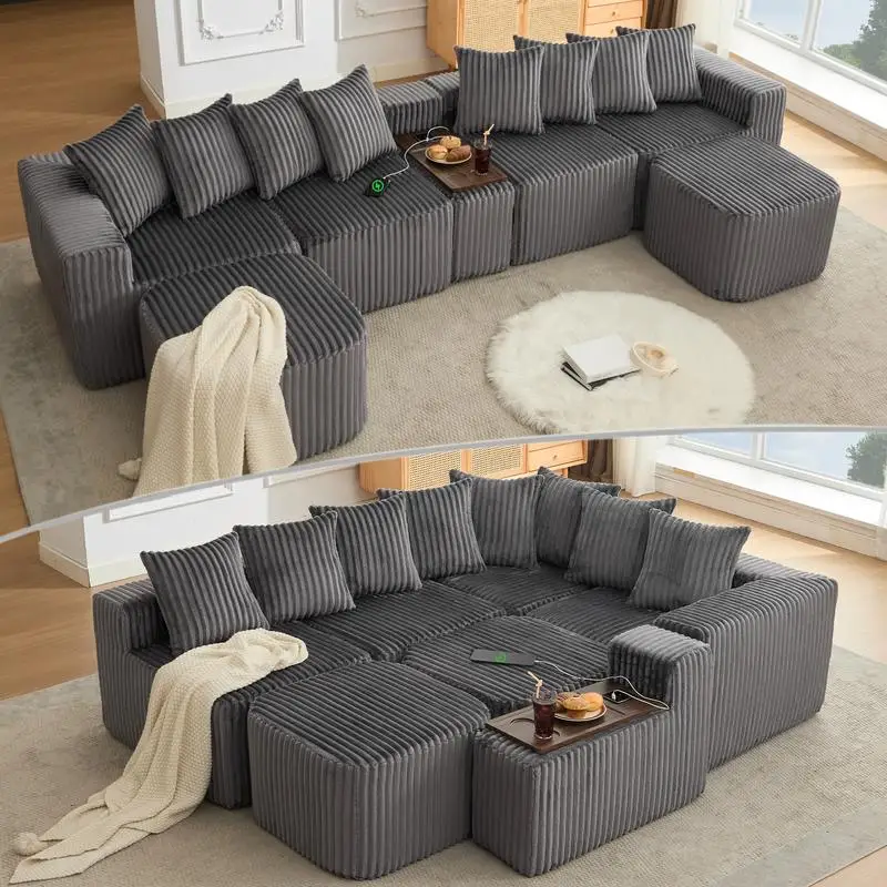 137.5” U-Shaped Sofa with USB & Wireless Charging, Coffee Table with Cup Holder, Oversize Movable Modular Sofa, Movable