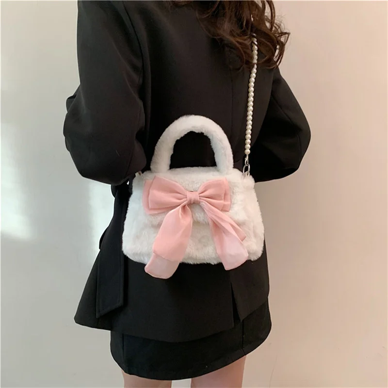 Cute Plush Pearls Chain Women Clutch Purse Handbags Pink Bowknot Crossbody Bags Sweet Girl's Small Square Shoulder Messenger Bag