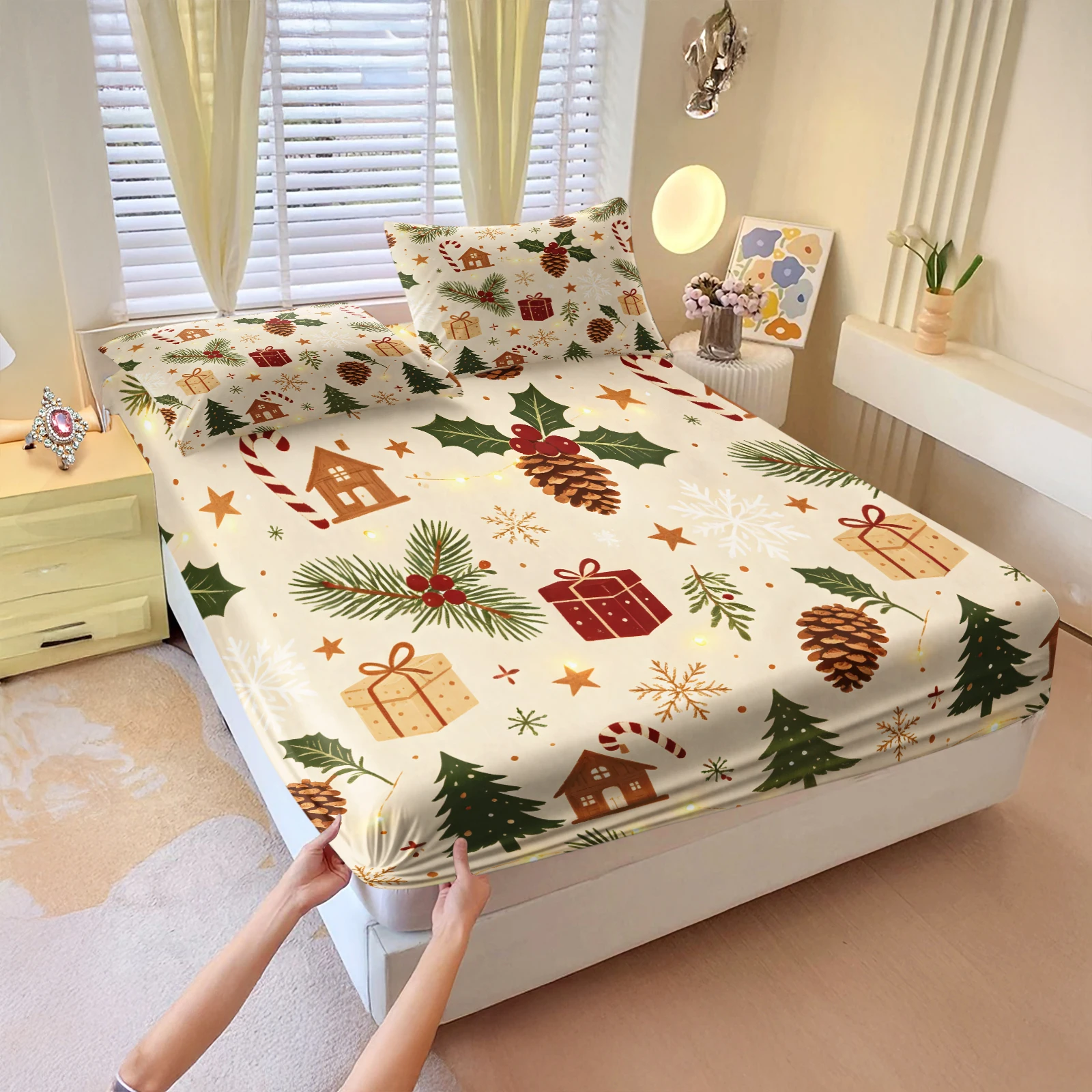 Vintage Christmas Fitted Sheet Set Pine Cone Gift Xmas Tree Candy Cane Snowflake Star Print Deep‑Pocket Elastic Mattress Cover