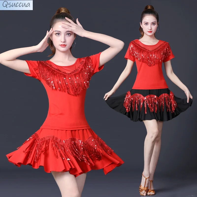 

New Set Summer Latin Dance Fringe Short Skirt Performance Dress Sequin Large Swing Skirt Dance Dress