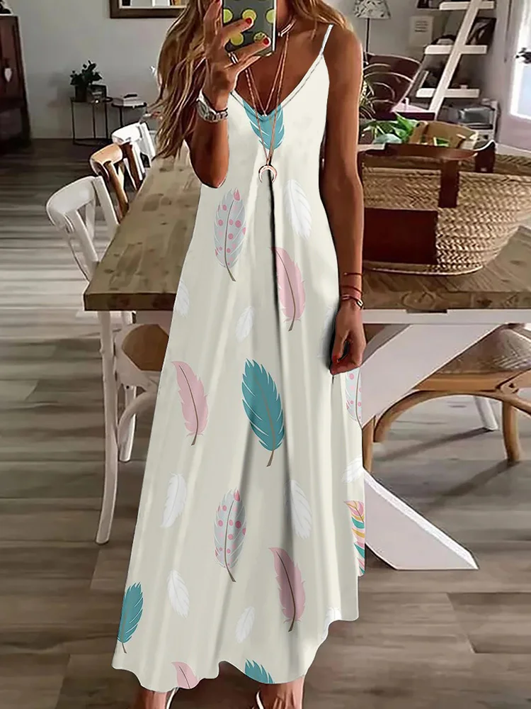 

3D Feather Print Women's Elegant Long Dress Summer Everyday Casual Women's Halter Dress Urban Street Fashion Sleeveless Dress