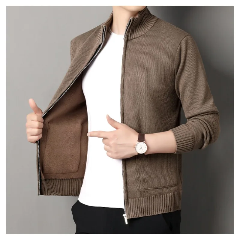 Cardigan tricoté en velours pour hommes, automne et hiver, décontracté, Style coréen, couleur unie, col montant, pull, veste pour hommes