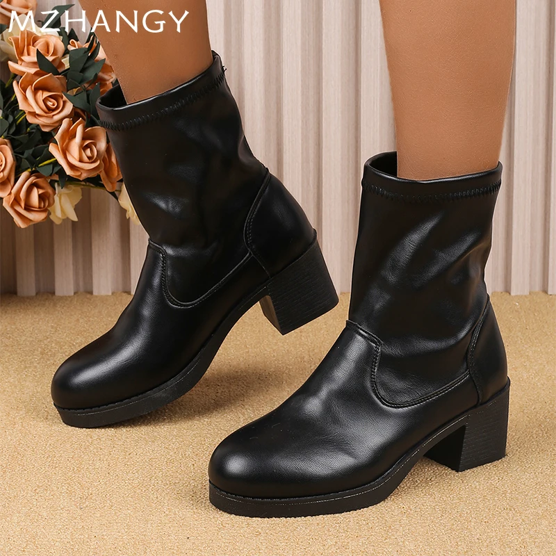 Leather Women Chunky Ankle Boots Winter Mid Heels Shoes Woman 2025 Trend Fashion Sport Gladiator Dress Motorcycle Boots Mujer