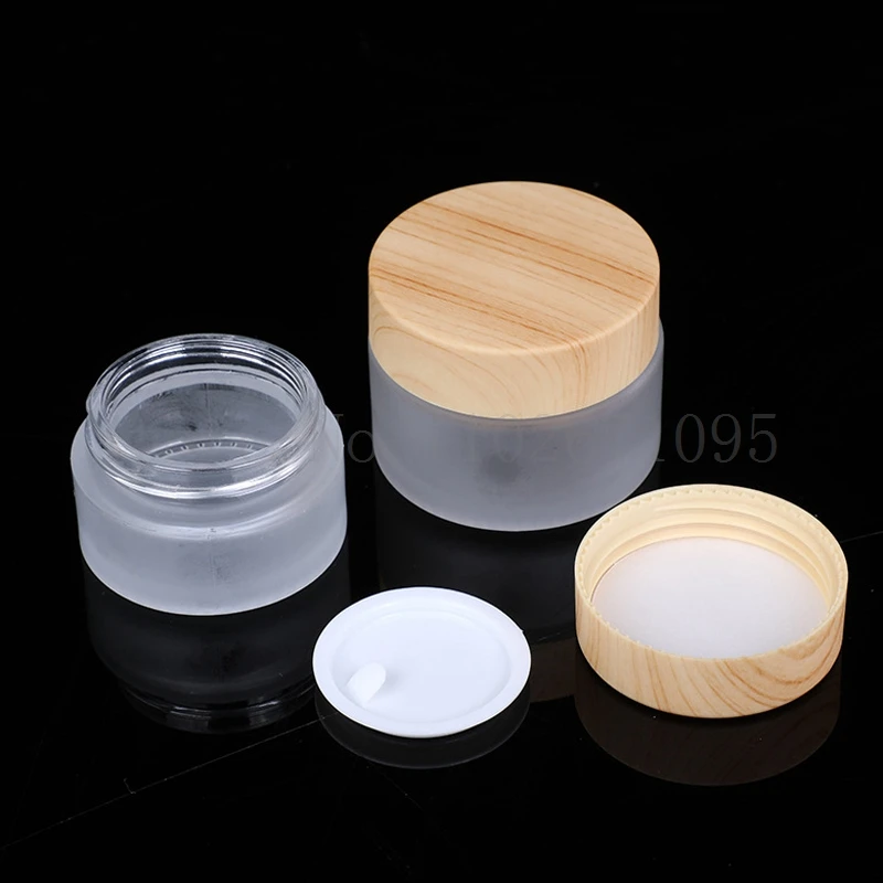 6 20PCS/LOT Wood Grain Clear Frosted Brown Glass Face Cream Jar Separate Refillable Cosmetics Bottle