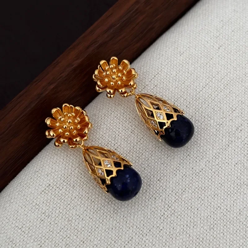 Ancient court style flower hollow long earrings, natural blue stone diamond-set metal flower basket earrings, high-end